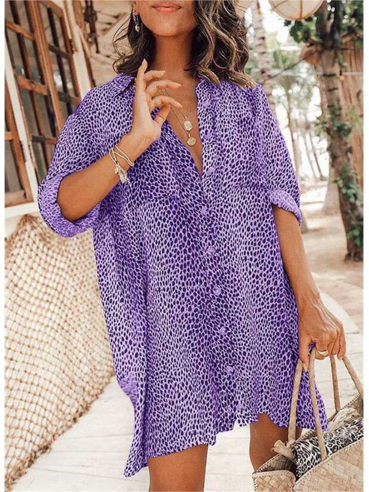 Summer V Neck Leopard Print Casual Long Sve Dress Retro Button Shirt Ele Office 2024 Vacation A Line SkirtXJ2500207
