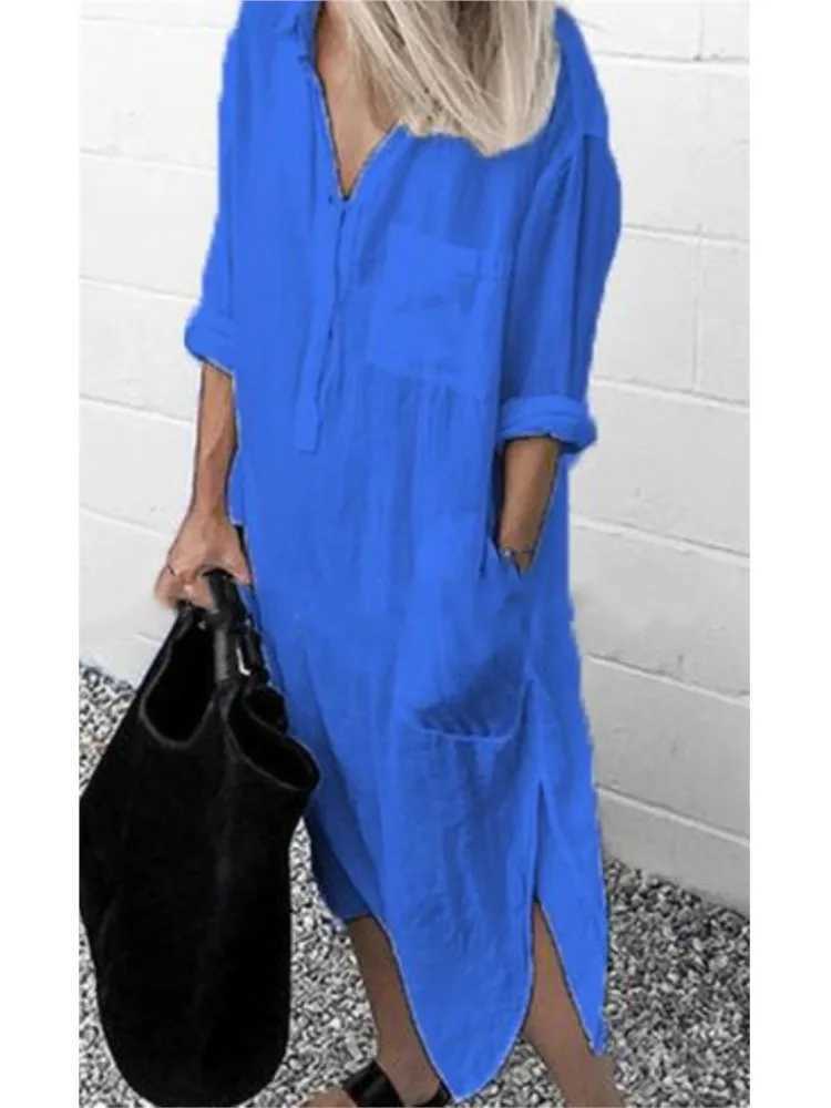 Spring Summer Womens Solid Color Loose Split Shirt Midi Dress Ele Casual Button Pocket V-Neck Long Sve Long Dress 2024XJ2500207