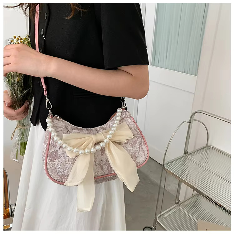 Pearl Female Bag Retro Designer Handbag Bow Crossbody Bags Fashion Canvas Women's Trend Shoulder Bag Purses Polyester Casual
