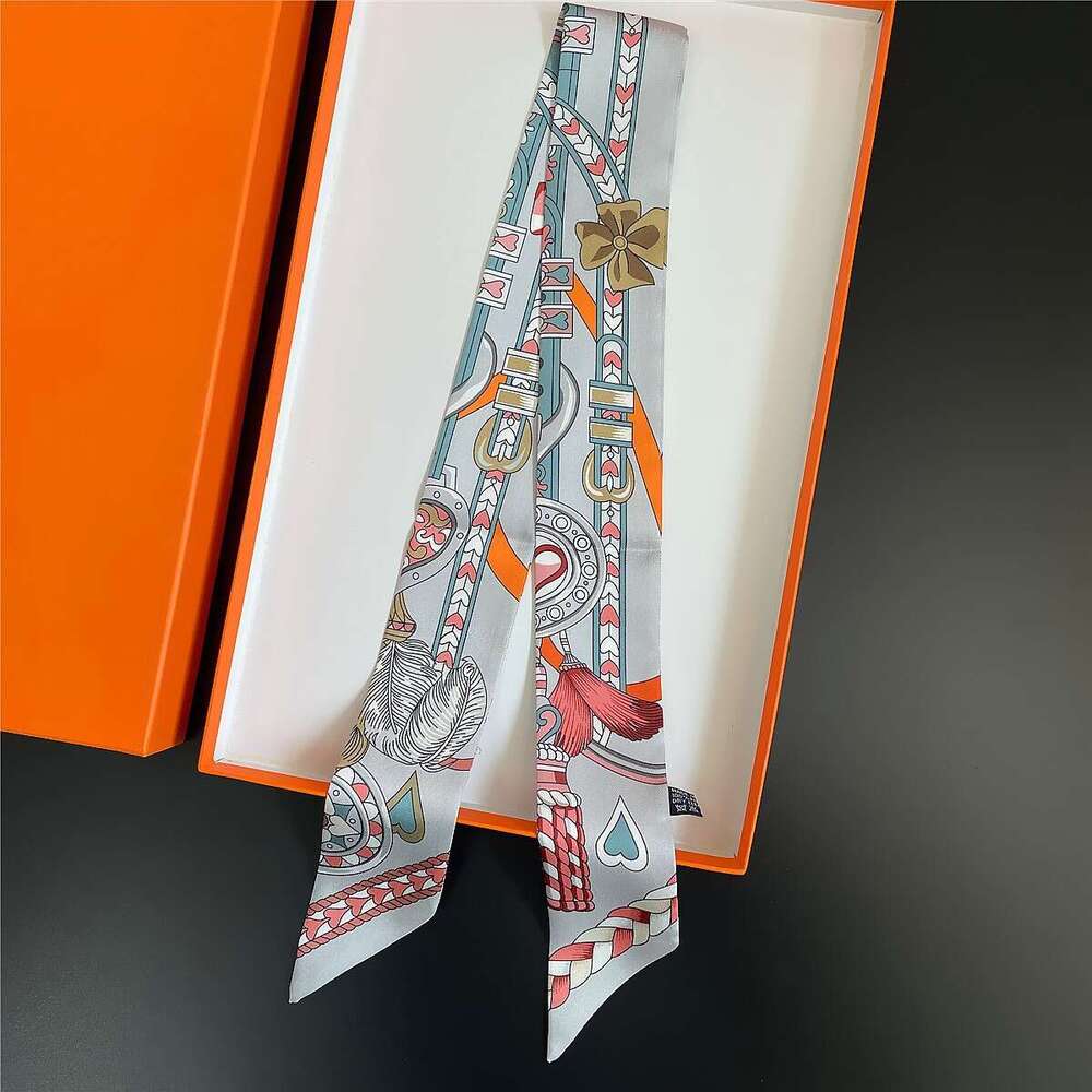 high-end twill printed women's white small tie bag handle, silk tie, wrist scarf, decorative headband