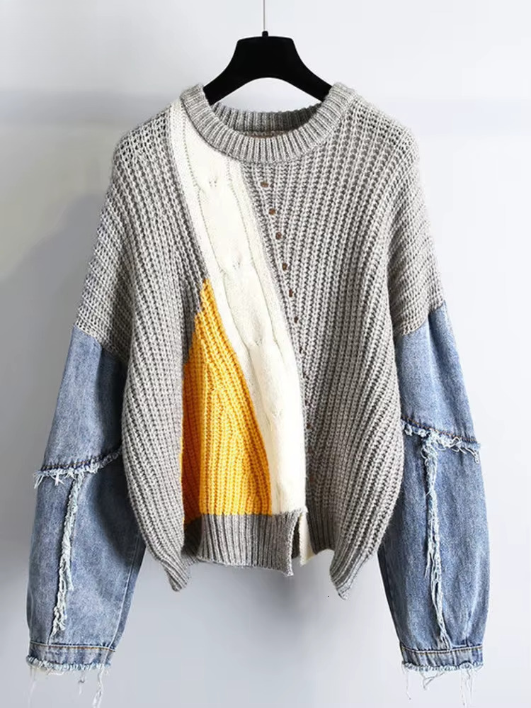 Denim Ed Long Sleeve Sweater Women Pullover Autumn Spring 2025 Wear Korean Loose Thicken Knitting Top Gray Clothing