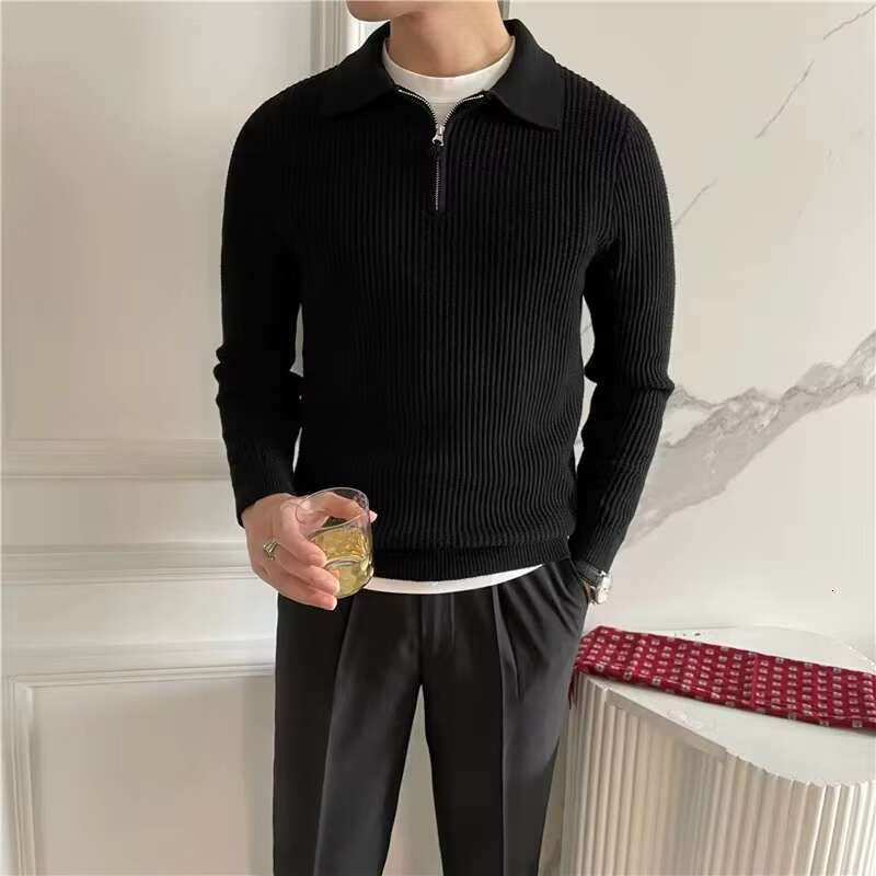 Men's Clothing Knit Pullover Zipper Polo Neck Sweater Leisure Streetwear Popular Retro Solid Color Long Sleeve Knitwear