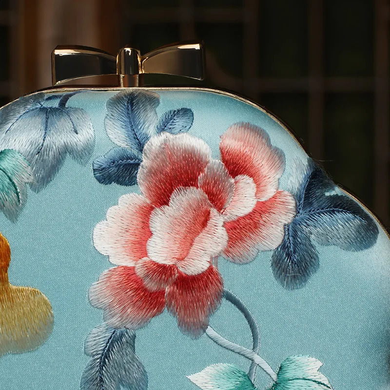 Cap Polyester Silky Fabric Embroider Small Bag Shoulder Womens Suitable for Matchinging Cheongsam Youth Mini Plant Flower Metal Frame Clas 250206