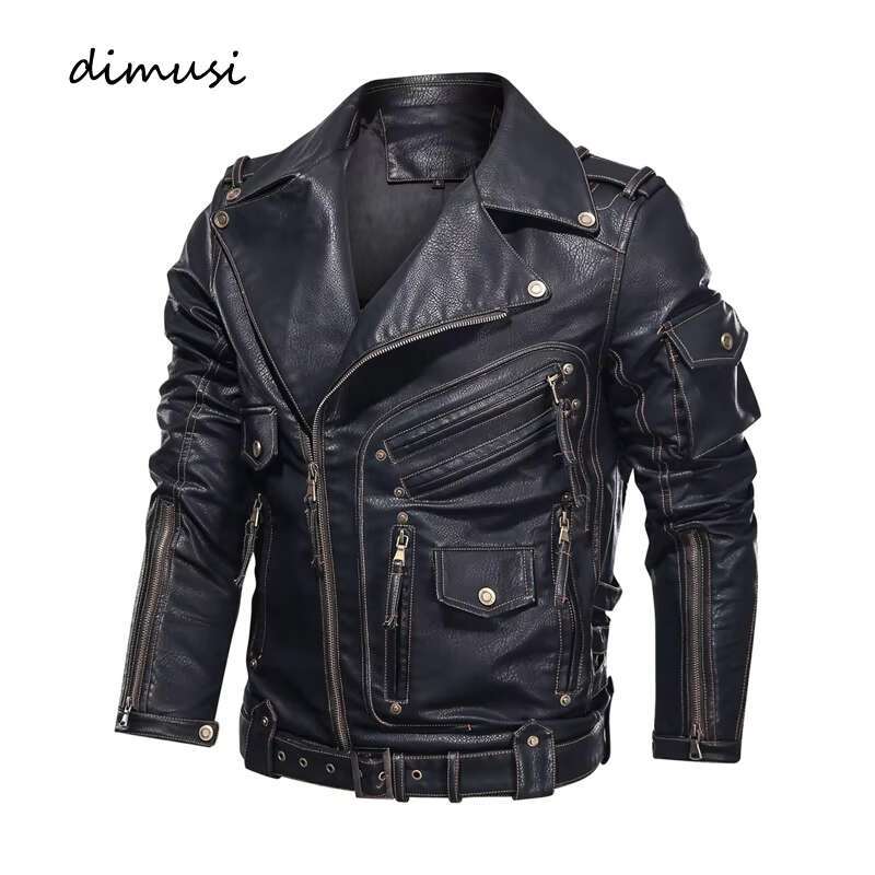 Men's Leather Jacket DIMUSI Winter Mens Men Fashion Motorcycle PU Jacket Cool Zipper Pockets Leather Coats Clothing