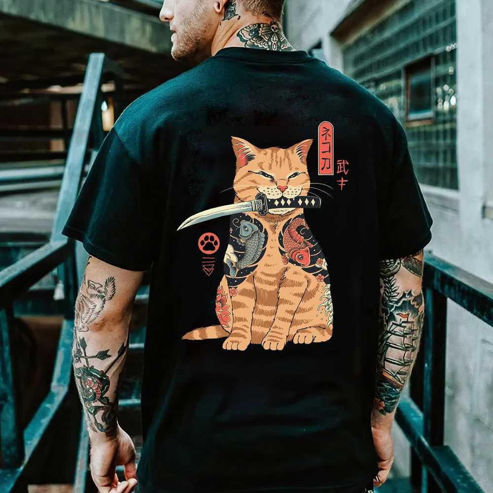 Cartoon Anime Samurai Cat Printed T Shirt For Men Outdoor Hip Hop Harajuku Vintage Clothes Casual O-neck Loose Short Sleeve TeesT250207