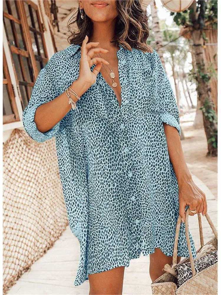 Summer V Neck Leopard Print Casual Long Sve Dress Retro Button Shirt Ele Office 2024 Vacation A Line SkirtXJ2500207