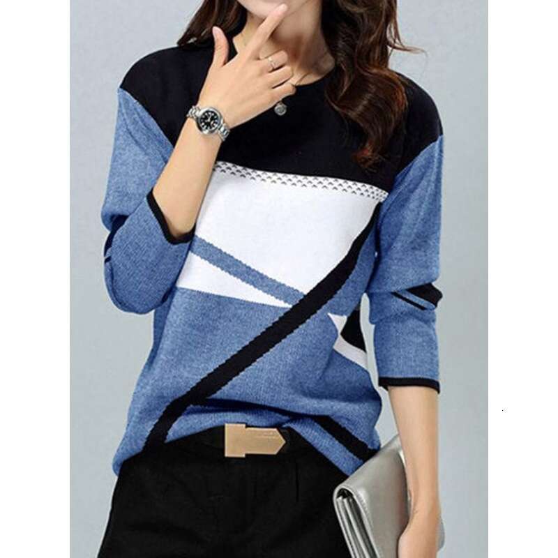 2021 women's supports sales of color blocking positioning printed round neck long sleeved T-shirts on various platforms. 2024 new casual fashion 