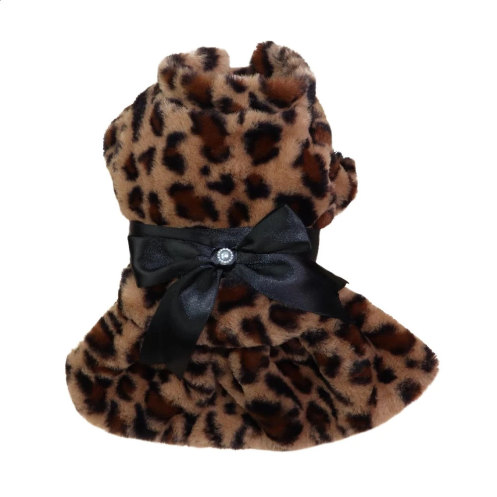 Winter Pet Clothes Elegant Fur Dress Warm Overcoat Small Dog Cat Clothes Bowknot Leopard Chihuahua Princess Party Dress 250206