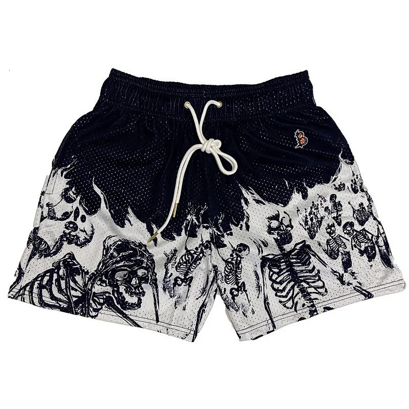 Summer men short pants Skull Pattern Casual Shorts Street Hip Hop Fitness Polyester Fast Dry Breathable Embroidery Men 250207