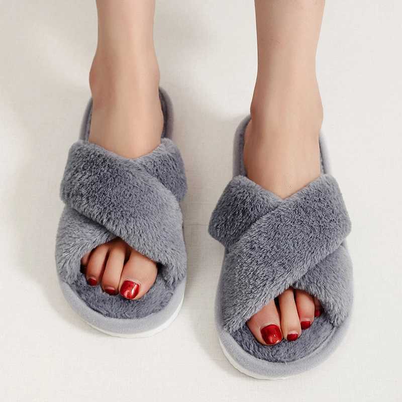 Winter Slipper Women Cross Belt Home Indoor Casual Slippers Female Flip Flops Fluffy Shoes Slides Ladies Soft Warm Plush SlipperXJ250207
