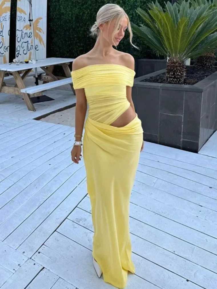 Elegant Yellow Holiday Beach Dresses for Women Sexy Slash Neck Mesh Patchwork Evening Dress Folds Hollow Out Long Party Gowns X250207