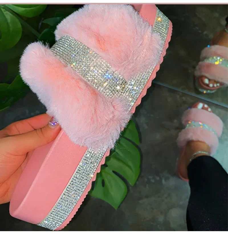 Fur Slippers Women 2024 Fi Summer Fur Slides For Woman Rhine Sandals Fluffy Female Shoes Glitter Indoor Diamd ShoesXJ250207