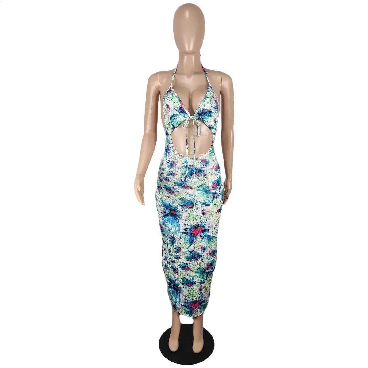CM.YAYA Beach Tie Dye Print Halter Neck Womens Midi Dress Sexy Night Party Open Back Sleeveless Ribbed Bodycon Pencil Dresses 250206