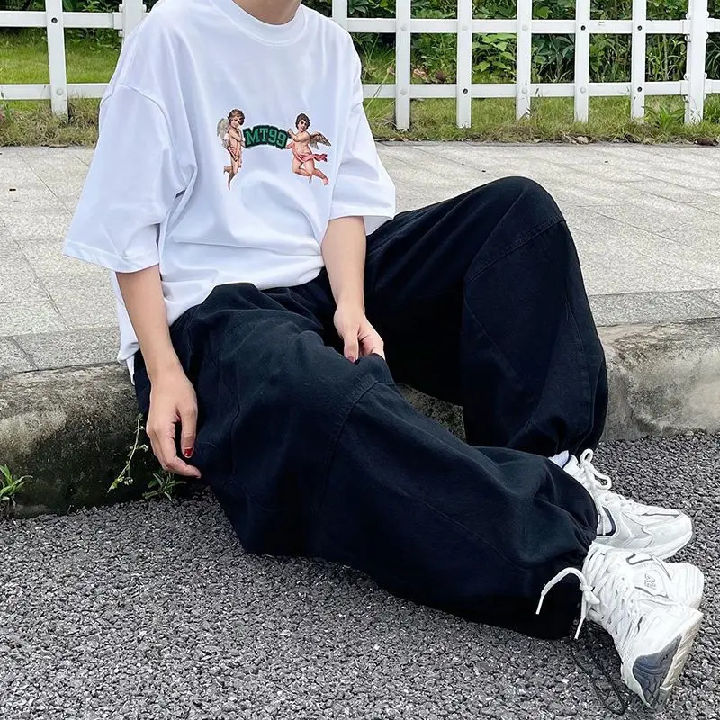 Loose Fashionable Mens Clothing Elastic Pockets Spring Autumn Trousers Cargo Wide Leg Solid Color High Waisted Cropped Pants 250206