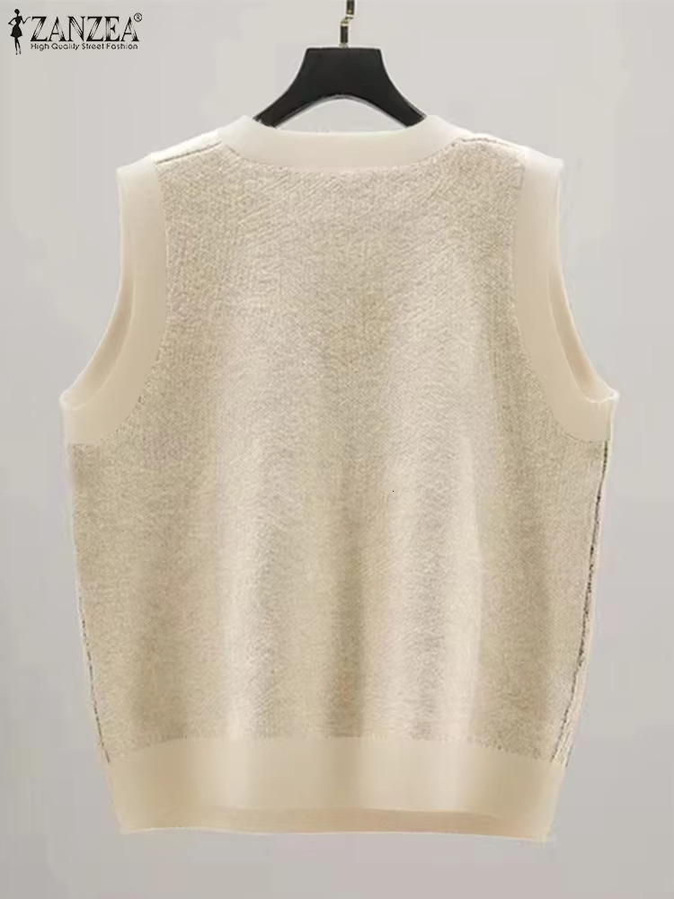 ZANZEA Spring Autumn Simple Tunics Vintage Cartoon Printed Vests Holiday V-Neck Knitted Outfits Women Sleeveless Cute Tank Tops