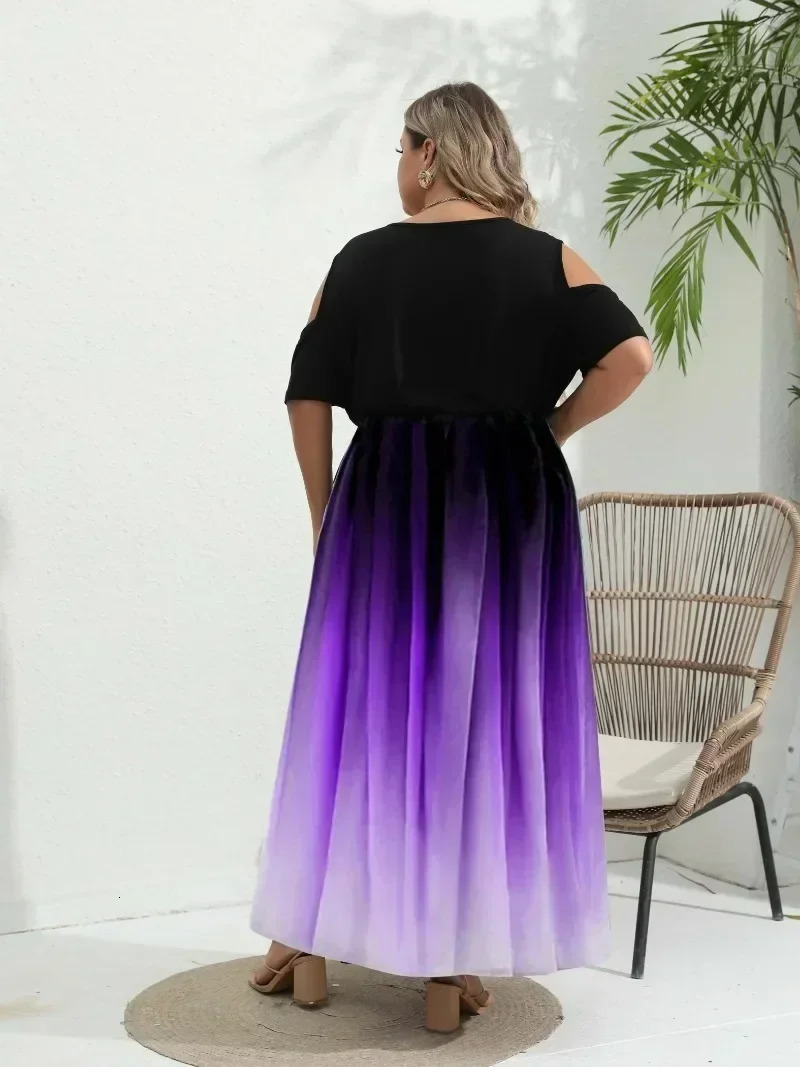 Women Plus Size 1XL-8XL Dress Gradient Print Off Shoulder Dress Tight Top and Loose Bottom Elegant Short Sleeve Long Ball Dress 250207