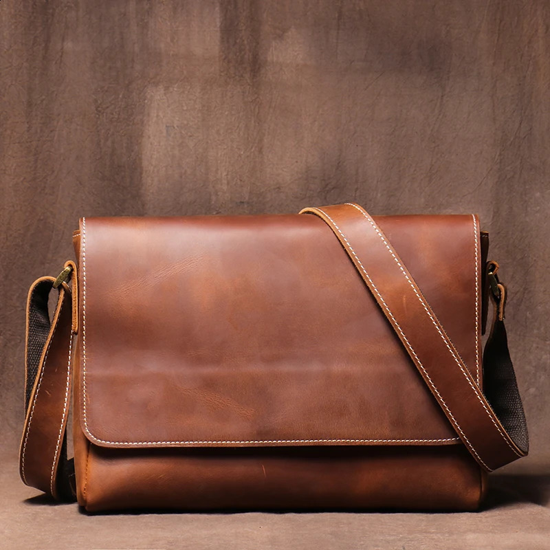 LUOKIR Vintage Crazy Horse Mens Crossbody Bag Genuine Leather Shoulder High Quality Simple Flap Cowhide Messenger Bags 250206
