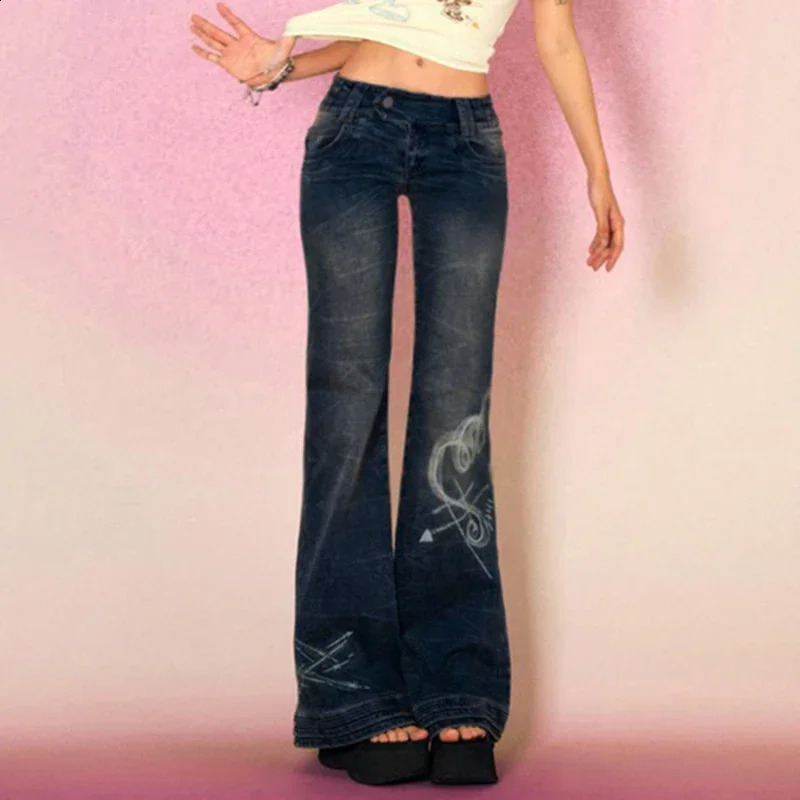 Y2K Grunge Fairycore Chic Skinny Low Rise Flared Jeans Women Vintage Aesthetic Heart Printed Denim Trousers Boot Cut 250206