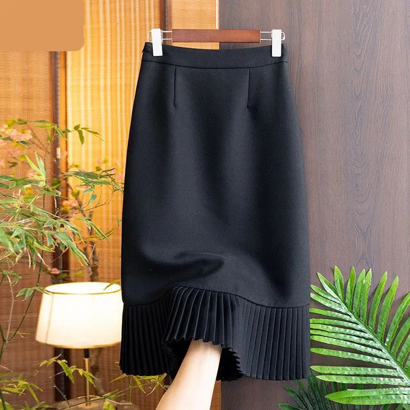 Fashion Solid Color Womens Fashion Fishtail Skirt Commuting Straight Tube High Waist Slim Temperament Pleated Skirt Lady 250207
