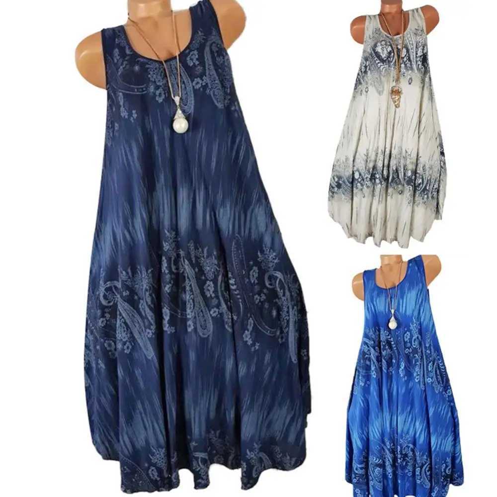 Ele Floral Print Women Summer Dress Round Neck Sveless Loose Pleated Plus Tank DressXJ2500207