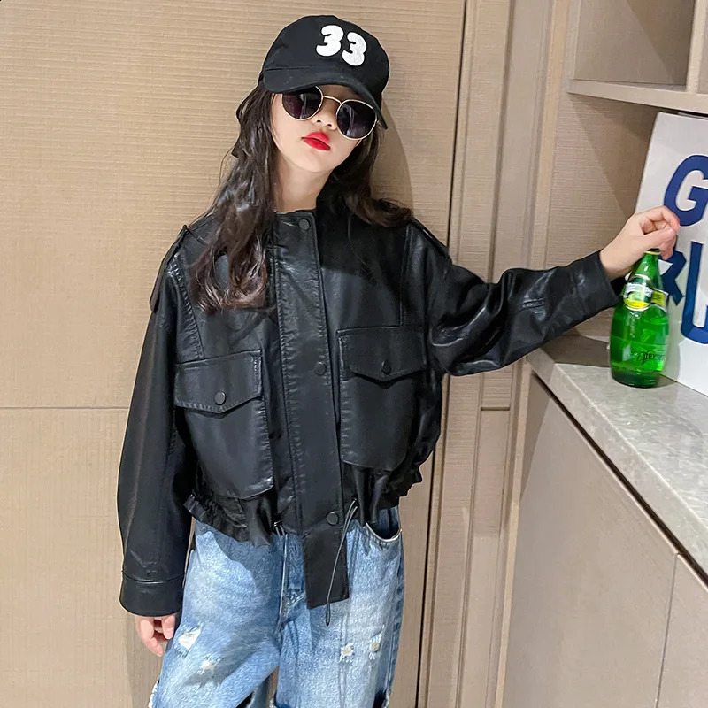 Girls Leather Jacket Autumn Trendy Cool Teenage Kids PU Outerwear Black Casual All-match Streetwear Kids Coats 10 12 13 14 Years 250206