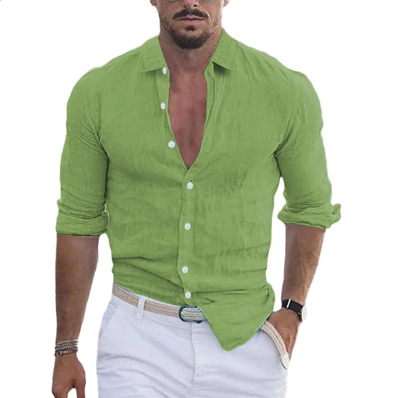 Blouse men summer cotton linen lapel beach shirt turn down collar long sleeve solid color holiday blusas camisas YRW5899 250206