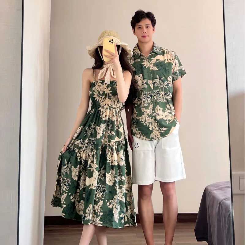 Holiday Family Matching Beach Clothes Couple Vacation Look Mom and Daughter Smock Green Dress Resort Dad and Son Print Shirts W250207