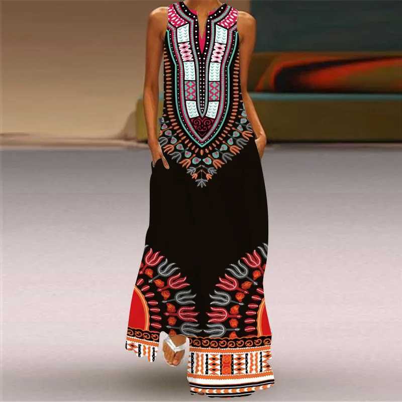 Womens Fashion Retro Printed Sveless Sexy Dress Summer Ele Womens Ethnic Style V-neck Loose Pocket Long Dress VestidosXJ2500207