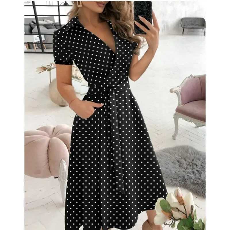 2023 Spring Autumn Dress Women Fashion Solid Slim Pocket Lace Up Dress Women Casual Printed Short Sve V-neck High Waist DressXJ2500207
