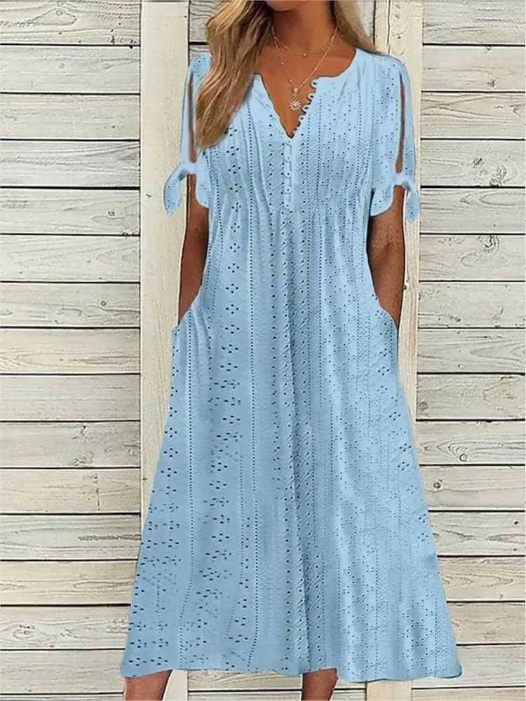 Summer Solid Color Short Sved Womens Dresses Fashion Sexy Hollow V Neck Lace Ruffle Casual Simple Fe Beach Holiday DressXJ2500207
