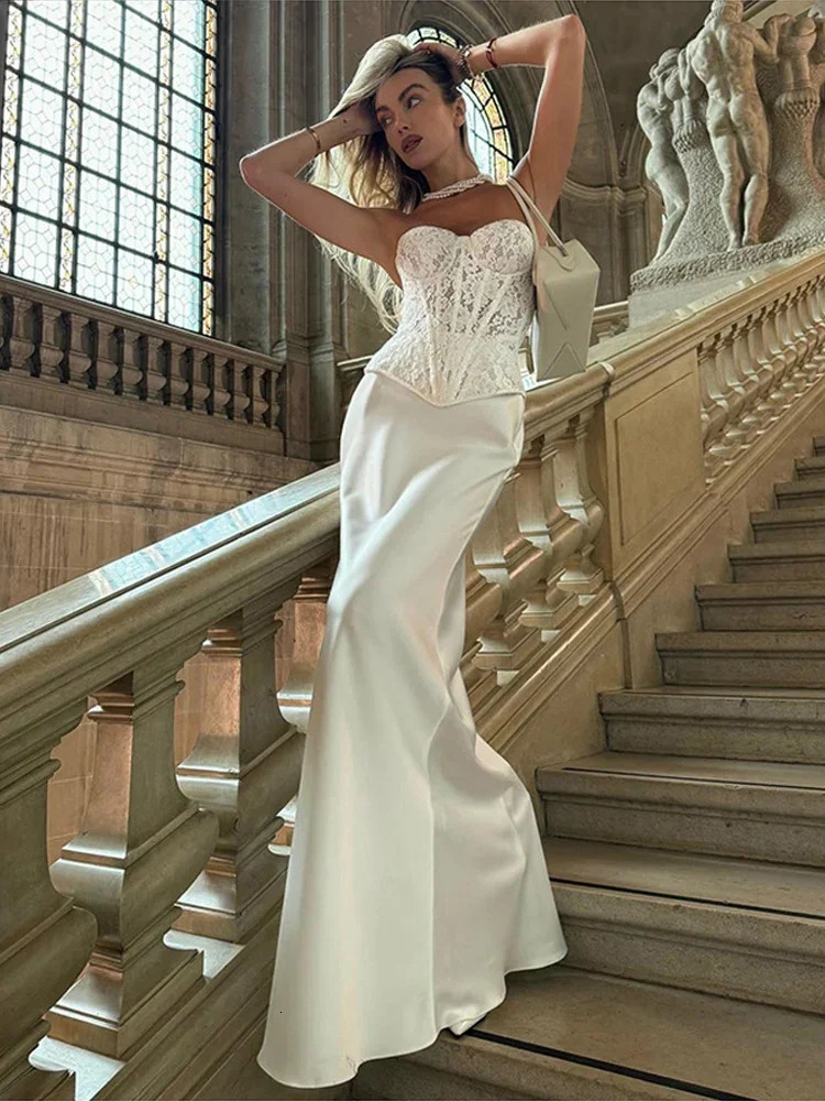 Fashion Lace Tube Top Long Skirt Sets Women Sleeveless Backless Sexy Cropped Tops High Waist Skirts Lady 2 Pieces Evening Outfit 250206