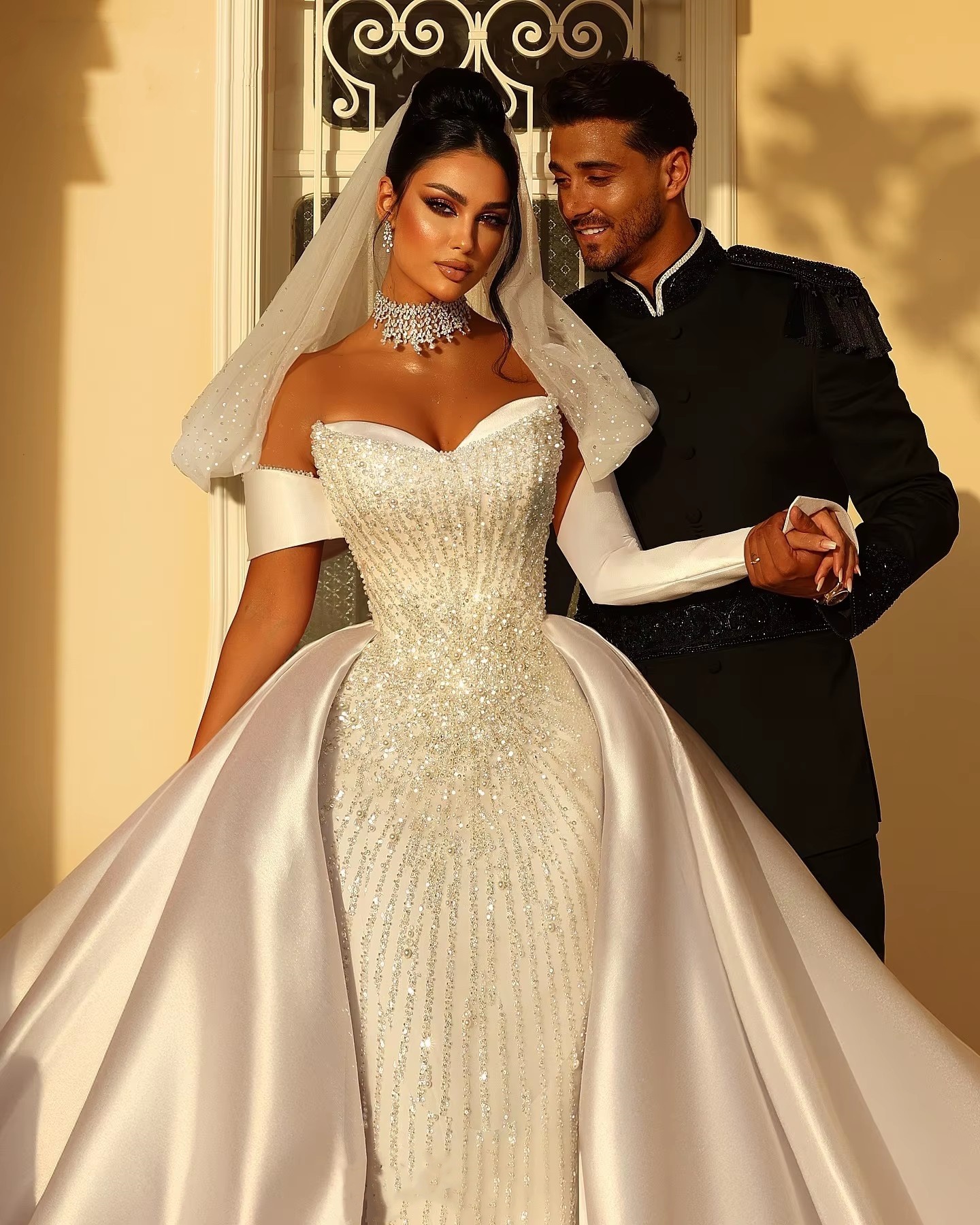 Exquisite Bridal Gowns Pearls Sequins Wedding Dress with Overskirts Custom Made Princess Strapless Sweep Train Bride Dresses Vestido de novia