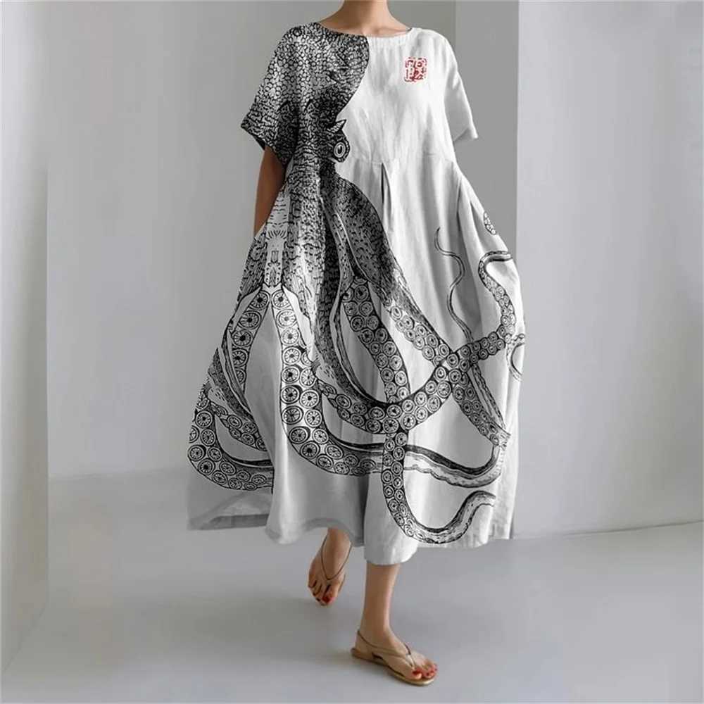 2024 New Fashion Buds Print Short Sve Long Skirt Ladies Large Size Round Neck Pocket Dress Ladies Casual Ele DressXJ2500207