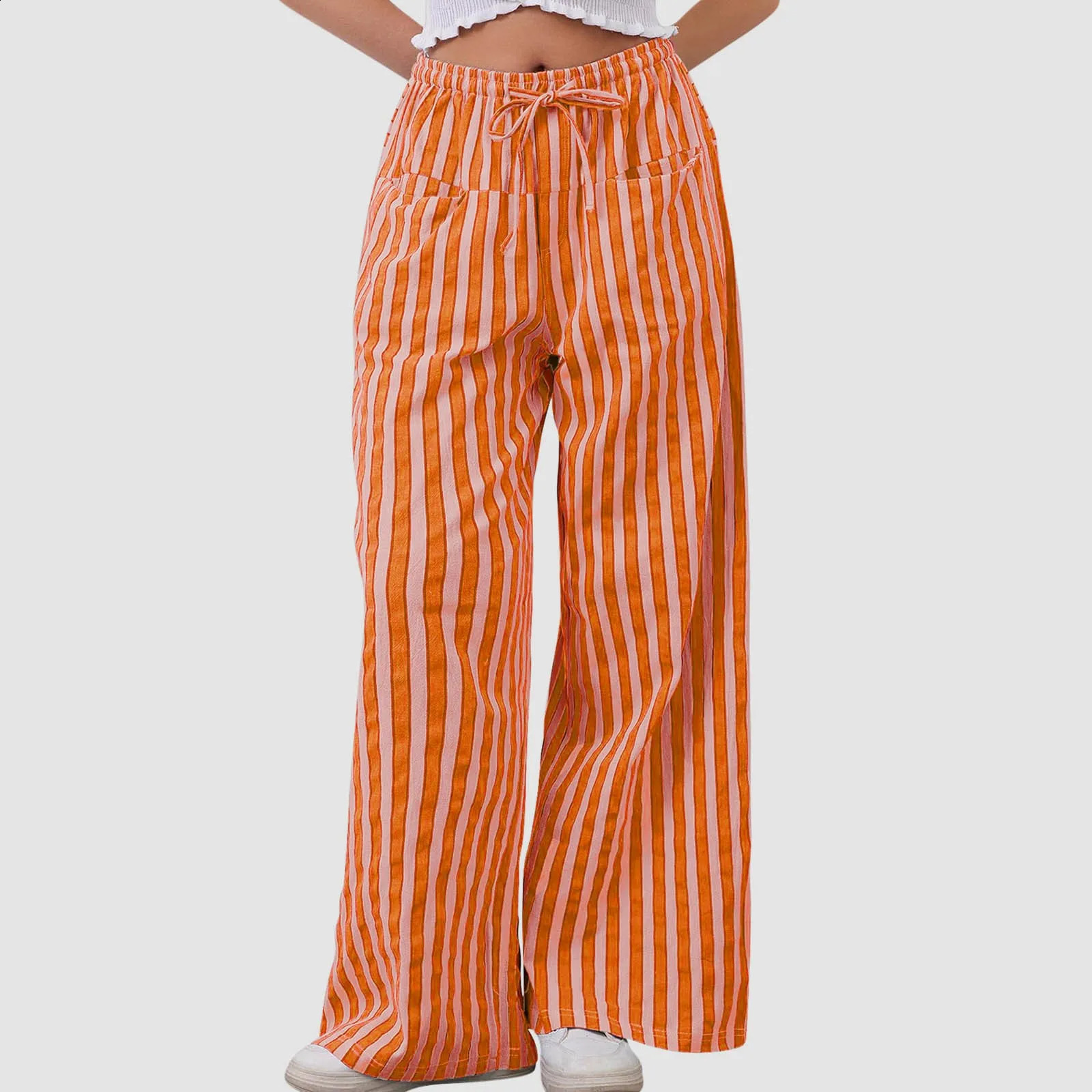 Striped Print Pants Vertical Wide Leg With Drawstring Pockets For Women Streetwear Trousers A Stylish Look 250206