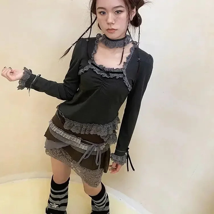 Autumn Long Sleeve Square Collar Patchwork Lace tie Tunic Tees Irregular Vintage T-shirt Y2k Tops for Women Ropa Mujer 250206