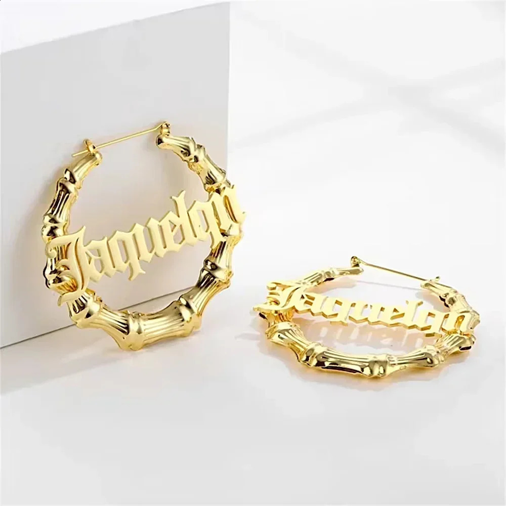 Custom Name Earrings Personalise 50mm 80mm 100mm Big Hoop Women Bamboo Shape Earring Stainless Steel Jewelry Gift for friend 250206
