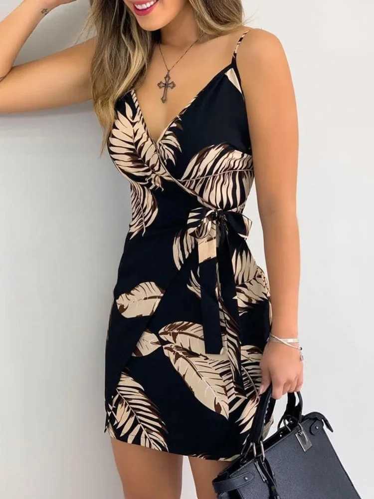 Tropical Print V-Neck Wrap Casual Dress Women Sveless Summer Holiday Mini DressXJ2500207
