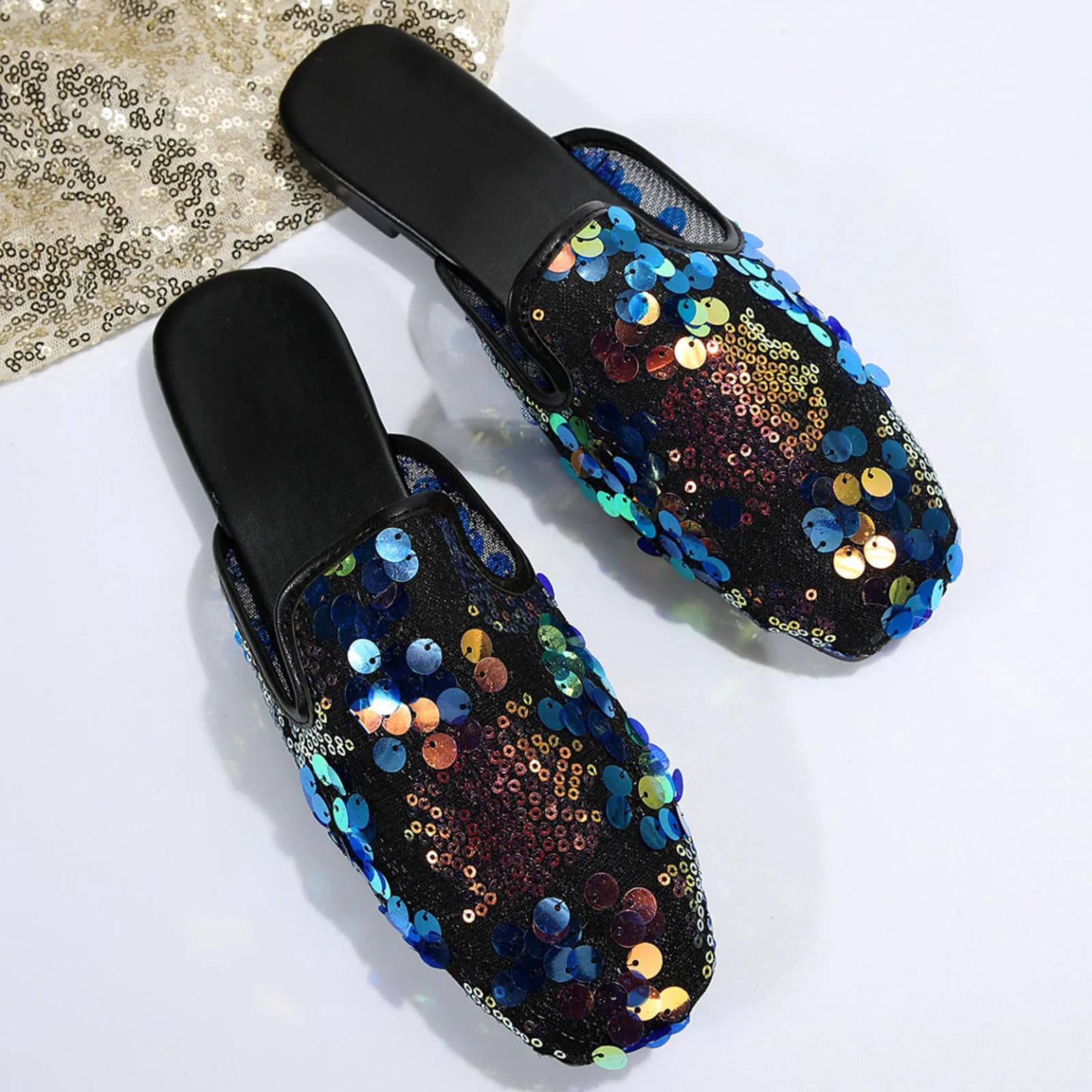 Summer Shoes For Women 2024 Women Casual Shoes Fashionable Pattern Sequin Decoration Square Toe Flat Zapatos Para Mujeres 250206