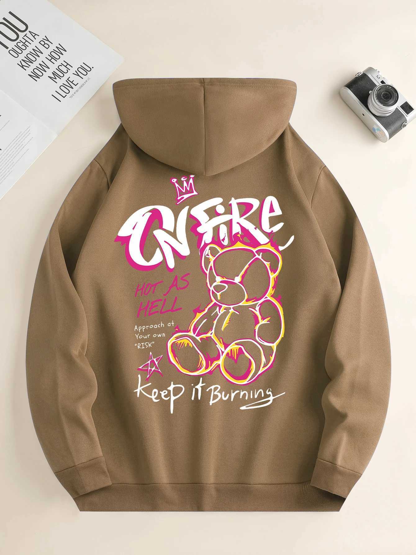 Mens new fashion hoodie casual daily drawstring hooded sweatshirt bear print front kangaroo pocket mens jacket W250207