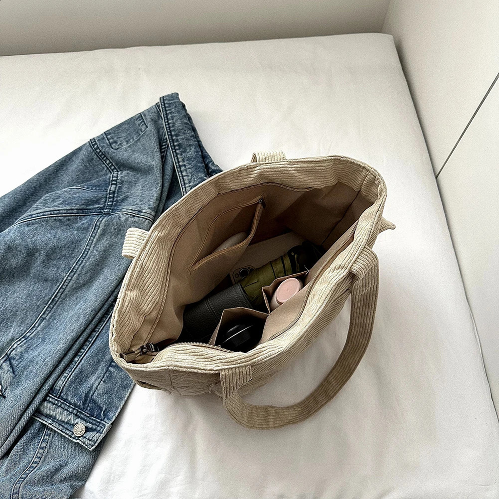 Women Corduroy Hobo Bag Large Capacity Casual Shoulder Handbag Outer Pocket Retro Satchel Lightweight Versatile Shopping 250206