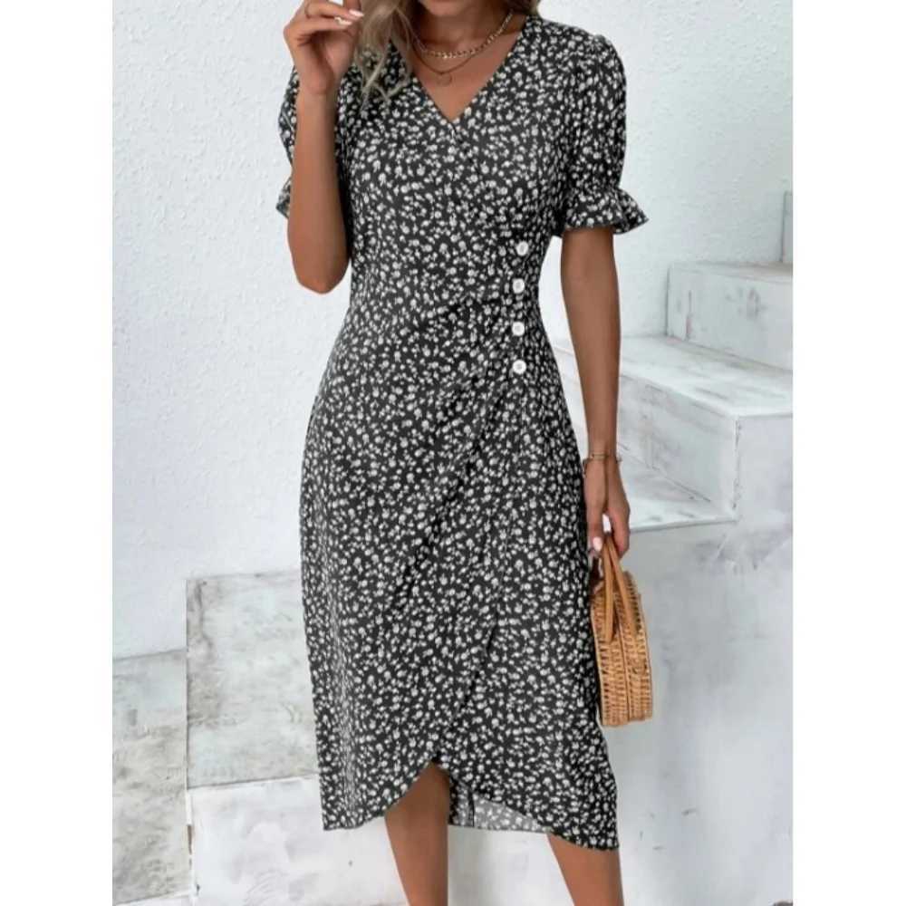 Ele Ladies Midi Dress Geometric Button Split Dress Vestidos Medievales Para jer De Verano Elbiseler Jurken DamesXJ2500207