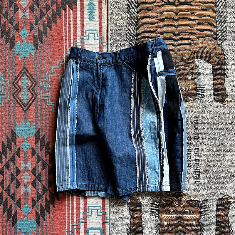 Japanese Retro Personalized Handmade Ethnic Style Patch Patchwork Summer Mens Thin Denim Shorts 250120