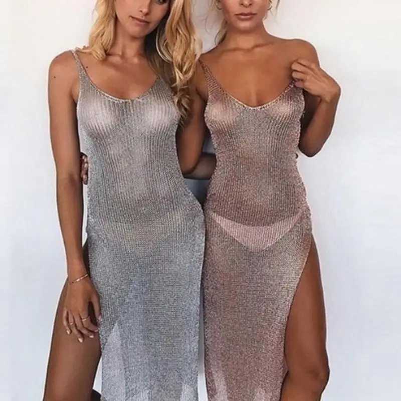 Women Sexy Summer Sunsn Sheer Mesh Bikini Cover Up Metallic Solid Color Backless High Slit Beach Club Party Sveless DressXJ2500207