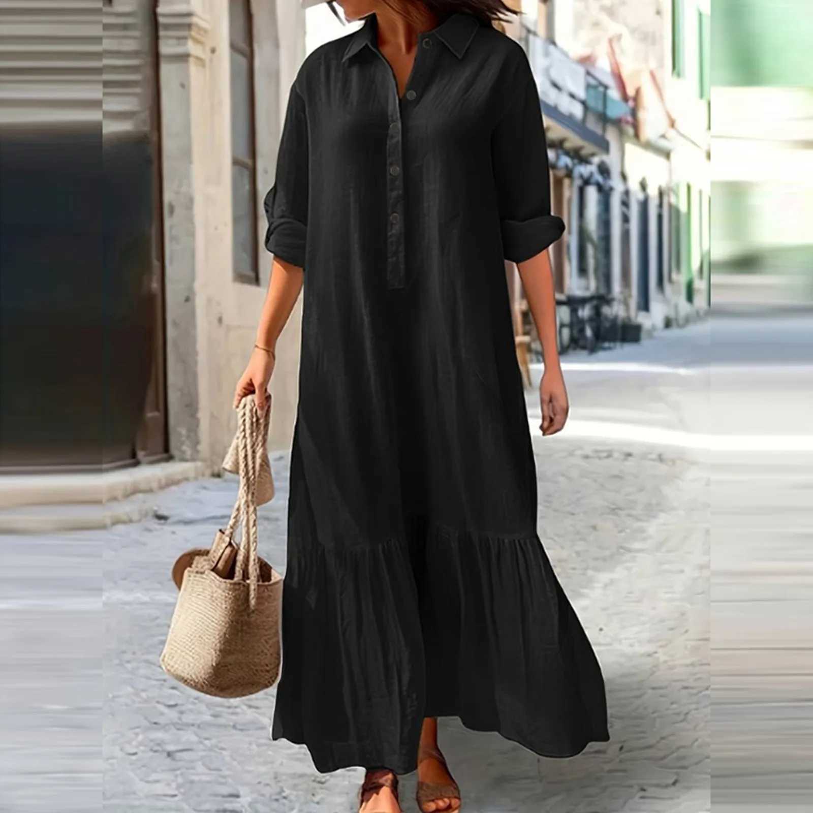 2024 Summer Cotton Linen Women Dress Black Loose Long Sve Shirt Dresses Fe Summer Casual Oversize Ele Clothes LadiesXJ2500207