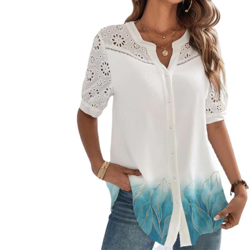 Buckle Flip Collar Short Sleeve Shirt Women's Top 2024 New Casual Fashion Trendy Clothing