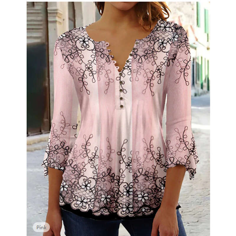 European and American summer fashion Ruili ral print V-neck seven quarter sleeve T-shirt 2024 temperament versatile new trendy clothing ins