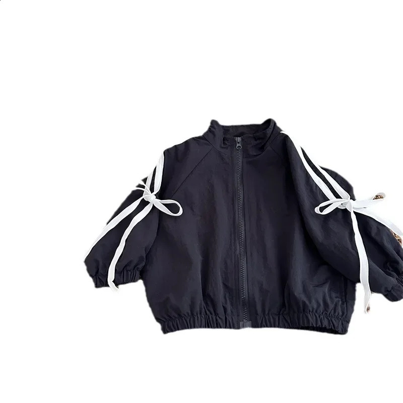 4388 Small Wholesale Children Coat Autumn Girl Strap Bow Solid Color Jacket Coat Long Sleeve Zipper Coat 250206