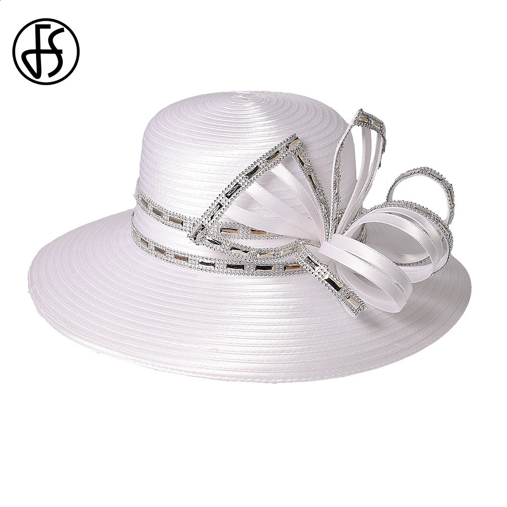 FS Elegant white wide-brimmed top hat for women with Bow Wedding Bridal satin cloth hat Official Ocn Women's Church Derby Hat 250207