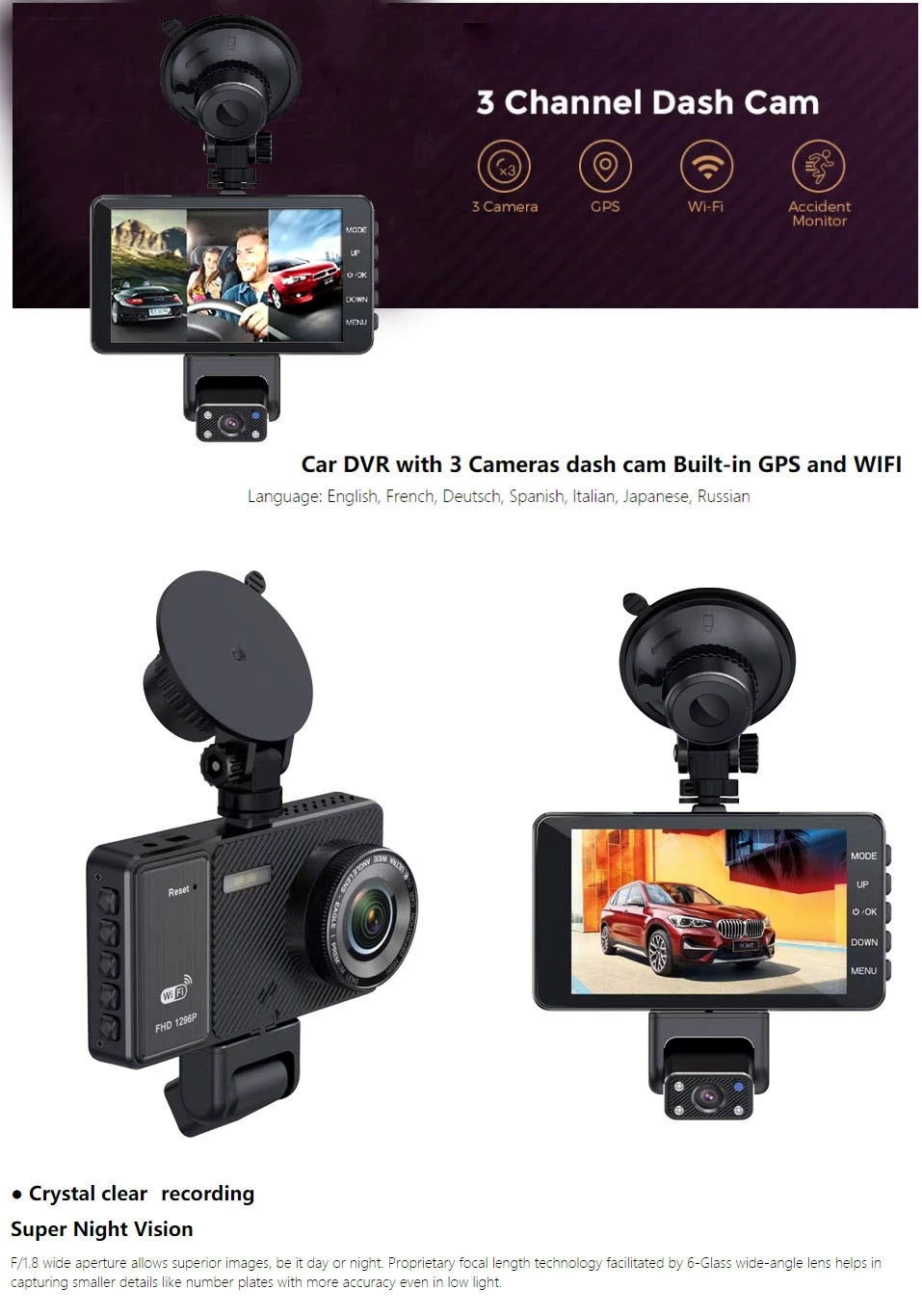 WIFI 4 Inch Touch Screen 1080P 3 Lens Car DVR Video Recorder Dash Cam Smart G-Sensor 170 Degree Wide Angle Ultra Resolution Front with Interior Rear C