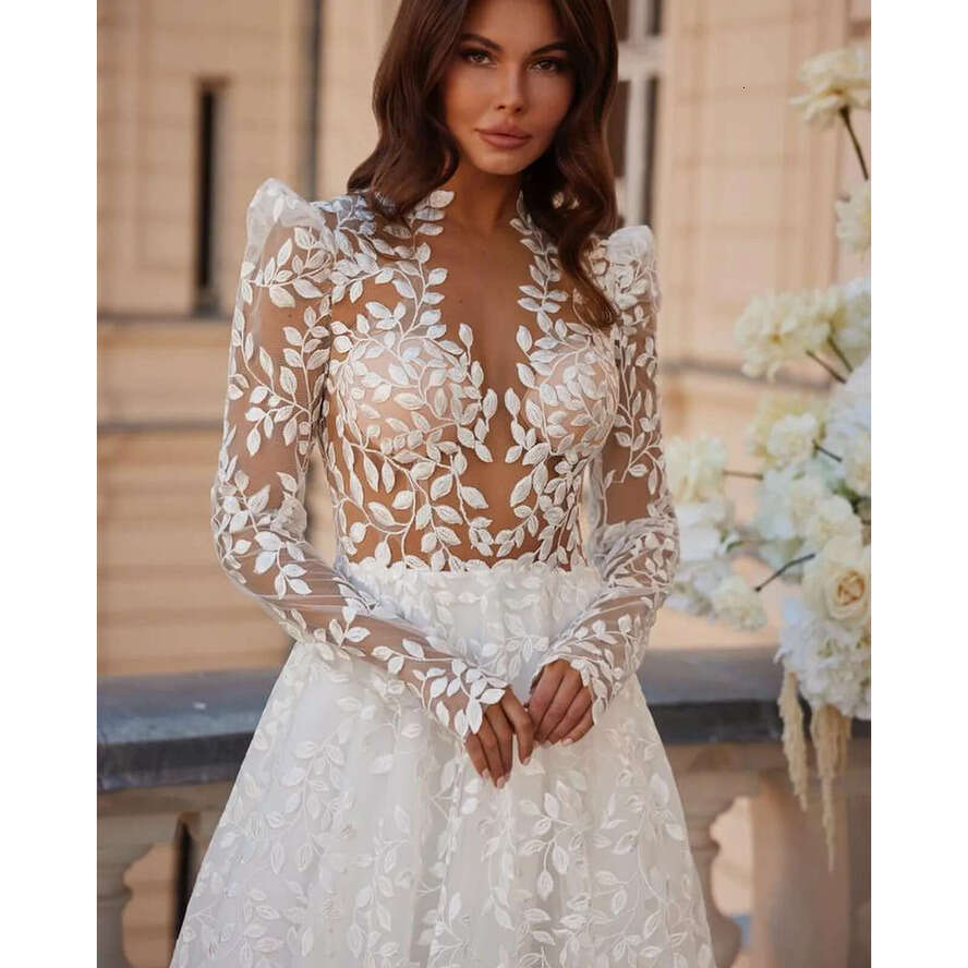 Leaf Gorgeous Lace Dresses Bridal Gowns Long Sleeves Boho Wedding Dress A E Backless Button Robe De Mariee